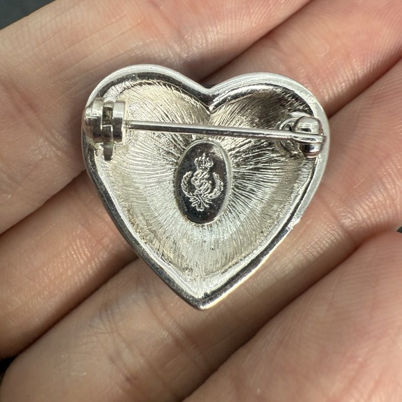 SIGN PREMIER DESIGNS CLEAR RHINESTONE RED BLUE ENAMEL HEART BROOCH VINTAGE - Picture 4 of 6